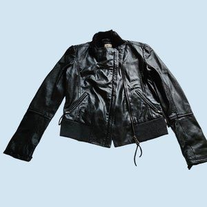June 100% Leather Black Bomber Jacket With Rabbit Fur Collar. Rare. NWOT